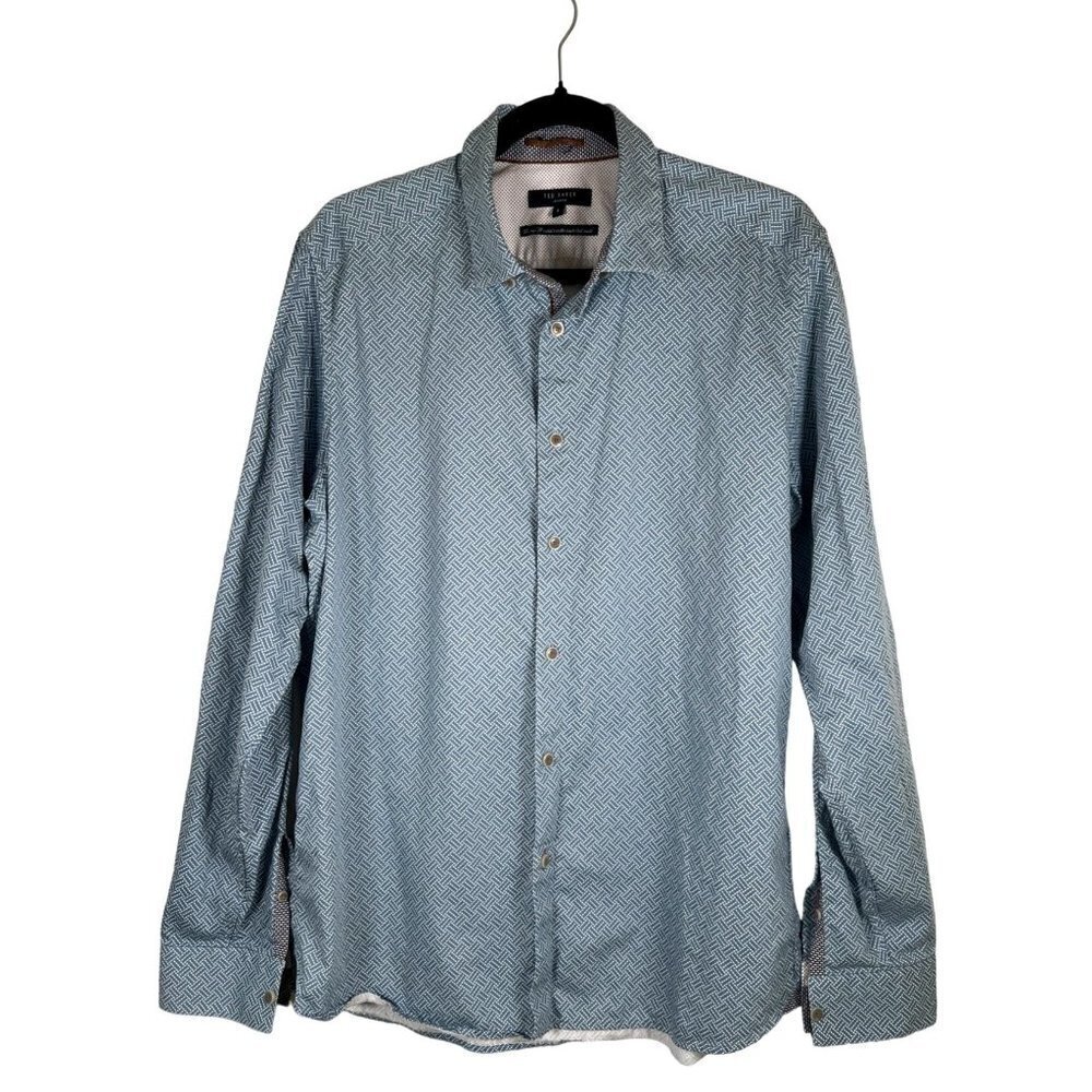Ted Baker Mens Dress Shirt Size 5 XL Geometric Blue Print with Contrasting Trim